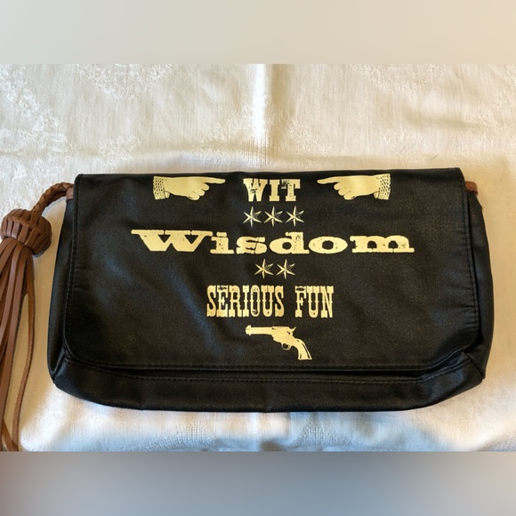 Whimsical Jessica Kagan Cushman black designer clutch with leather fringe detail - Picture 3 of 9